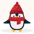 Christmas pinguin in red hat and scarf on light background. Cartoon flat style