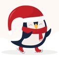 Christmas pinguin on skates. Cartoon flat style