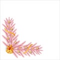 Christmas pink corner with golden balls and pink leaves. Xmas corner with snowflakes, golden ribbon. Christmas pink corner, Royalty Free Stock Photo