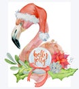 Christmas pink flamingo watercolor illustration with floral bouquet and quote holly jolly Royalty Free Stock Photo