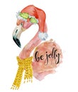 Christmas pink flamingo with winter decorations, santa hat, yellow scarf and lettering Be jolly, watercolor illustration Royalty Free Stock Photo