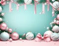 Christmas pink and turquoise balls and Christmas decor on a turquoise background. copy space