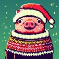 Christmas pixel art illustration of a cute pig wearing a santa hat AI Generated