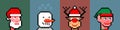 Christmas pixel characters Santa Claus, elf, reindeer, snowman. Horizontal banner NFT collection