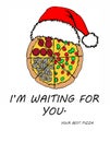 Christmas pizza in Santa Claus hat with text,vector illustrated foof banner design Royalty Free Stock Photo