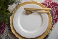 Christmas place setting, gold and flowers Royalty Free Stock Photo