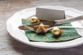 Christmas place setting, plate with napkin, knive and fork