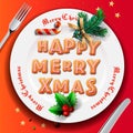 Christmas plate with gingerbread cookie, table setting for X-mas dinner, vector illustration. Royalty Free Stock Photo