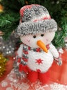 Christmas plush snowman under the Christmas tree