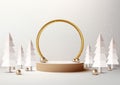 Christmas Podium Decoration with Gold Circle Backdrop and Pine Tree for Product Display Royalty Free Stock Photo