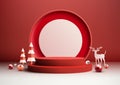 Christmas Podium Product Display Mockup in Red with Shiny Balls, Pine Tree, and Reindeer Royalty Free Stock Photo