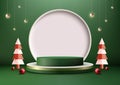 Christmas Podium Product Display Mockup in White and Green with Shiny Balls, Pine Tree Royalty Free Stock Photo