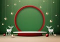 Christmas Podium Product Display Mockup in White and Red with Shiny Balls, Pine Tree, and Reindeer Royalty Free Stock Photo
