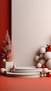 Christmas podium with red and white balls, 3d rendering. Computer digital drawing. AI Generative.