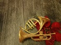 Christmas poinsetta red flower, gold trumpet, french horn