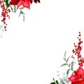 Christmas poinsettia, emerald greenery, red berry, cedar, salal, pine cone vector design frame Royalty Free Stock Photo