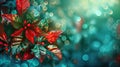 Christmas poinsettia flower and holly leaves in red and frosty blue colors, bokeh textured background, AI generated Royalty Free Stock Photo