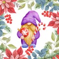 Christmas poinsettia frame with Gnome with striped candy cane and Christmas ball. Watercolor cute gnome in funny hat for New year