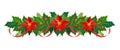 Christmas poinsettia and holly garland. Vector frame, border, decoration for xmas holiday cards, invitations, banners. Holly Royalty Free Stock Photo