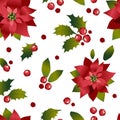 Seamless Christmas pattern. Euphorbia beautiful or poinsettia on a white background. Festive textile print.