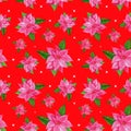 Christmas poinsettia pink flower.Christmas pattern with watercolor pink poinsettia on a red background. Design for wrappers,