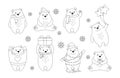 Christmas polar bear cartoon black outline set Royalty Free Stock Photo