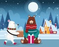 Christmas polar bear and grizzly bear with gift box Royalty Free Stock Photo
