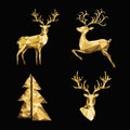 Christmas polygonal gold reindeer and Xmas tree on black back