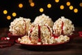 Christmas popcorn balls with white chocolate,, festive background