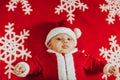 Christmas portrait of adorable newborn baby wearing Santa Claus` outfit Royalty Free Stock Photo