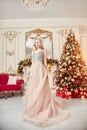 Christmas portrait of a girl in a glittering festive dress on the background of Christmas decor in elegant interior Royalty Free Stock Photo