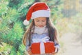 Christmas portrait of happy smiling little girl child in santa red hat with gift box near green branch tree Royalty Free Stock Photo