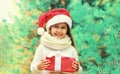 Christmas portrait happy smiling little girl child in santa red hat with gift box near a green branch tree Royalty Free Stock Photo