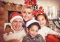 Christmas, portrait and selfie of grandparents with children in home, bond and happy together. Xmas, face and grandma