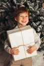 Christmas portrait of a young boy cozy atmosphere around the Christmas tree. Cute toddler holding white gift box Royalty Free Stock Photo