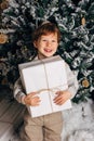 Christmas portrait of a young boy cozy atmosphere around the Christmas tree. Cute toddler holding white gift box Royalty Free Stock Photo