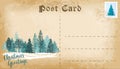 Christmas post card with conifer forest and copy space for text. Vector