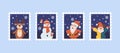 Christmas post stamps with Santa, reindeer, snowman, santa claus and clown vector illustration. Royalty Free Stock Photo