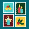 Christmas postage stamp set. Vector cartoon illustration in postmark template. Winter theme collection. Candle, angel, hooly, bell Royalty Free Stock Photo