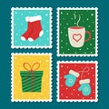 Christmas postage stamp set. Vector cartoon illustration in postmark template. Winter theme collection. Christmas socks, mittens,