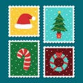 Christmas postage stamp set. Vector cartoon illustration in postmark template. Winter theme collection. Christmas tree, hat, Royalty Free Stock Photo