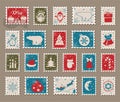 Christmas postage stamps with Santa Claus, Snowman. Vector illustration Royalty Free Stock Photo
