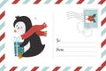 Christmas postcard banner with cute penguin.