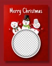Christmas postcard of blank photo frame with three snowmans Royalty Free Stock Photo