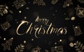 Christmas postcard with Calligraphy. Xmas objects with Sparkling lights garland. Luxury gold and black background