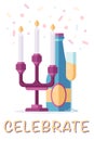 Christmas postcard with a candelabra with candles, a bottle of champagne and a glass of sparkling wine in a flat style