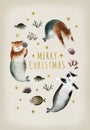 Watercolor cats mermaids and inscription Merry Christmas