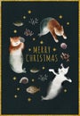 Watercolor cats mermaids and inscription Merry Christmas
