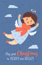 Christmas postcard. Cute angel girl in cartoon style. Vector vertical illustration. new year kids collection, holiday Royalty Free Stock Photo