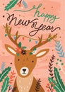 Christmas postcard with cute deer and mistletoe branches. Happy New Year vertical greeting card or poster with funny